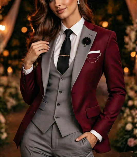 Women's Burgundy Grey Three-Piece Elegant Suits Wedding Dinner Outfits (Blazer+Vest+Pants) Tailor Made