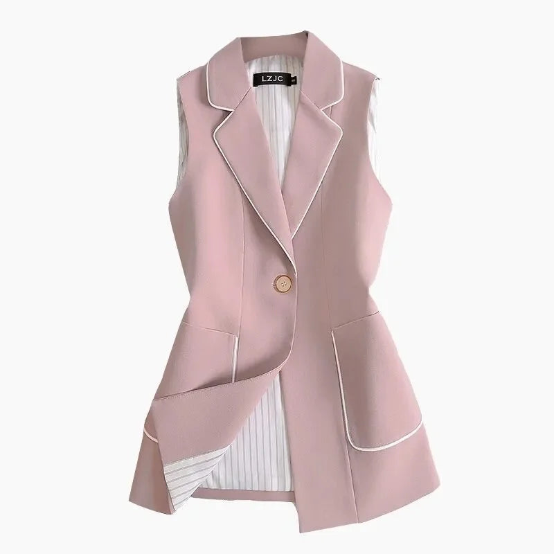 2026 Spring Autumn Women Vintage Long Blazer Vest Chic Single Button Sleeveless Suit Female Jacket Outwear Waistcoat Tops