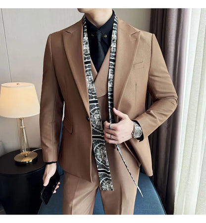 Scarf With Design Double Collar Suit Men's Business Casual Groom Wedding Slim Fit Suit Tuxedo 3-piece Set (Jacket+Vest+Pant)