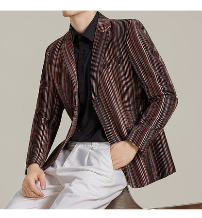 2025 Autumn Winter Velvet Striped Fashion Casual Suit Jacket Slim Fit Versatile Business Blazers Social Wedding Groom Dress Coat