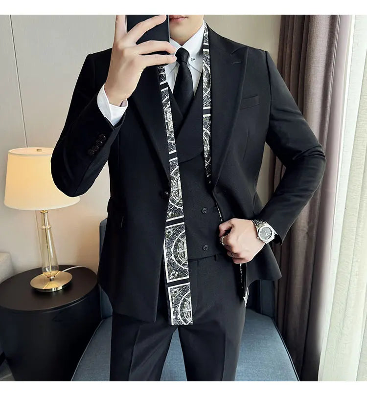 Double Collar Suit Set 3 Pieces Business Formal Casual Suits Vest Trousers Office Work Party Prom Wedding Groomsmen Clothing