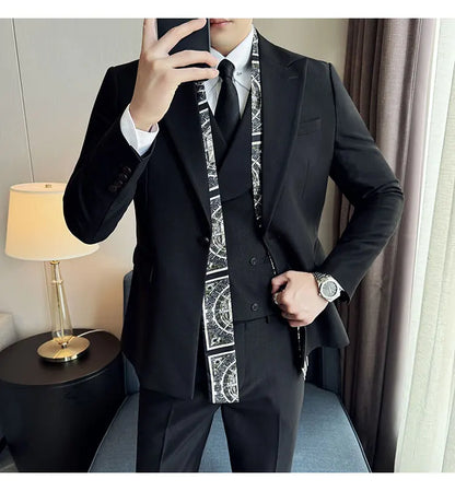 Double Collar Suit Set 3 Pieces Business Formal Casual Suits Vest Trousers Office Work Party Prom Wedding Groomsmen Clothing