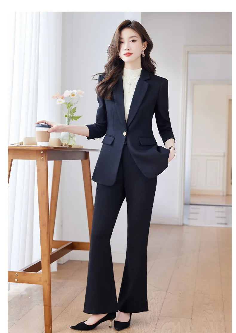 Pink Blue Black Women Pant Suit High Quality 2 Piece Set Office Ladies OL Girl Formal Jacket Blazer And Trousers For Work Wear