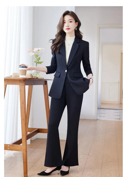 Pink Blue Black Women Pant Suit High Quality 2 Piece Set Office Ladies OL Girl Formal Jacket Blazer And Trousers For Work Wear