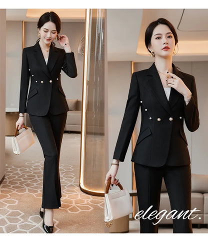 Office Lady Formal Blazer Pants Suits 2 Piece Matching Set Conjuntos Para Mujeres Plus Size Jacket Split Flare Pants Sets New