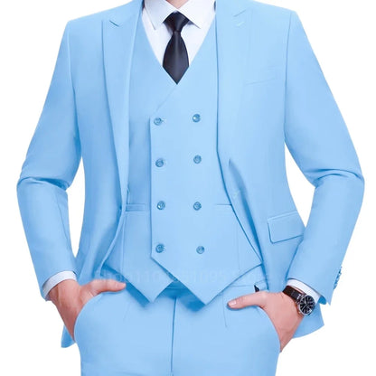 Men's Linen 3-Piece Slim Fit Suit – Blue & Beige | Peak Lapel