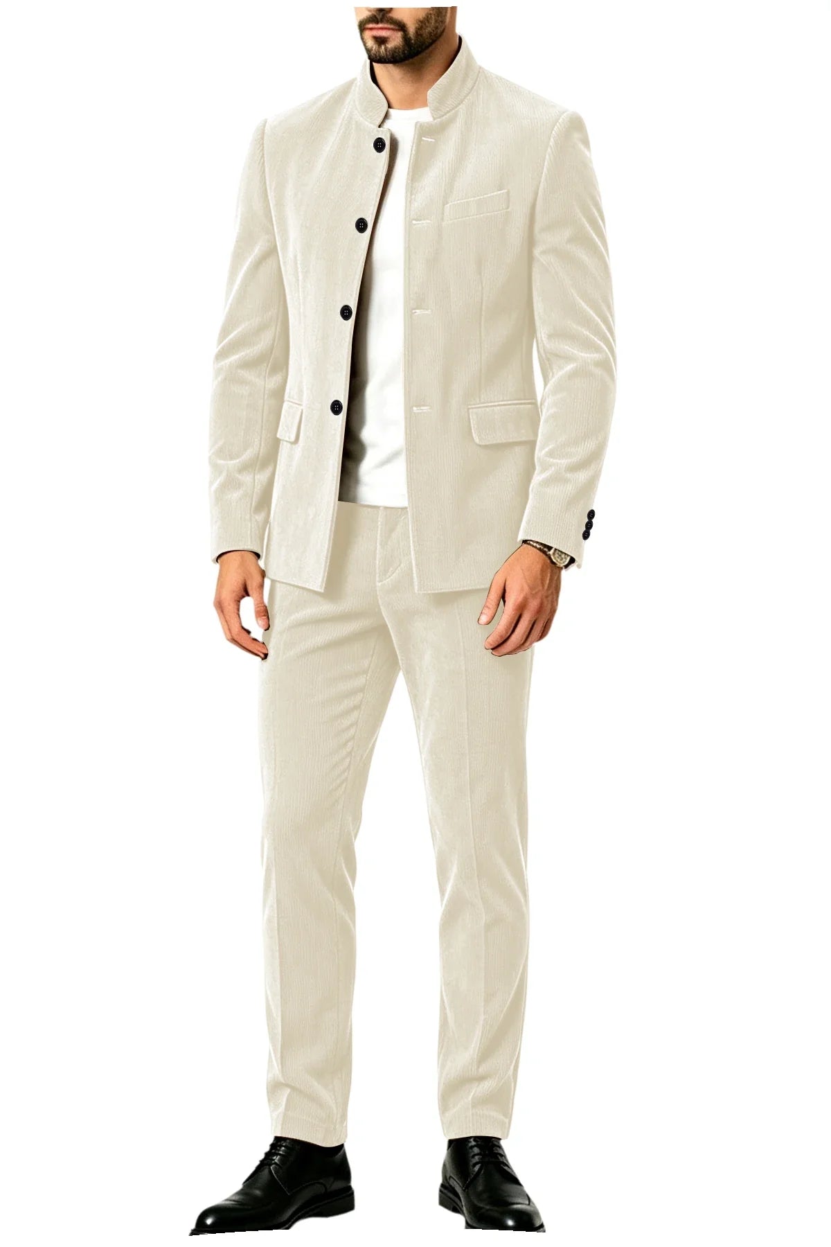 Men's Corduroy 2-Piece Suit – Mandarin Collar Single Breasted Blazer & Pants for Business & Formal Occasions