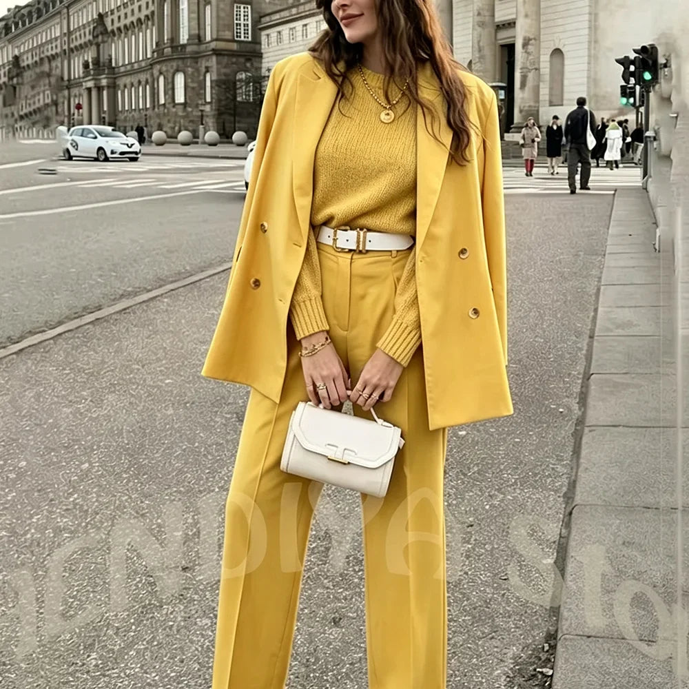 Professional Women Double Breasted Blazer Suit Notched Lapel Straight Fit Streetwear Office Business Casual Daily Two Pieces Set