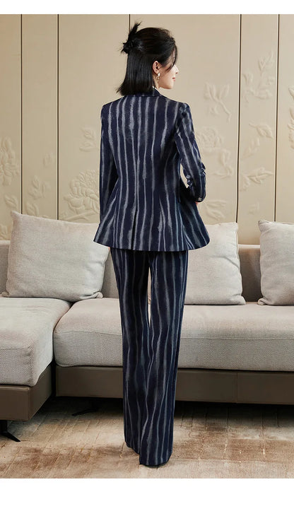 Fashion Autumn Winter Ladies Pant Suit Women Striped Female Business Work Wear Jacket Blazer and Trouser Formal 2 Piece Set