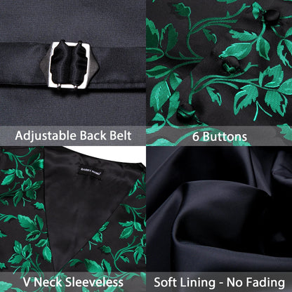 Vest Men Formal Green Floral Dobby Waistcoat Wedding Party Suit Set