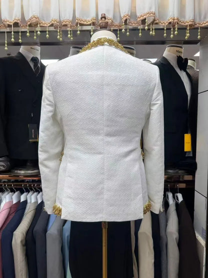 Man Golden Crystal Jacquard Suits 3 Pieces Party Prom Wear Handsome Elegant Shawl Lapel Tuxedo Wedding Groom Sets Chic Suit Set