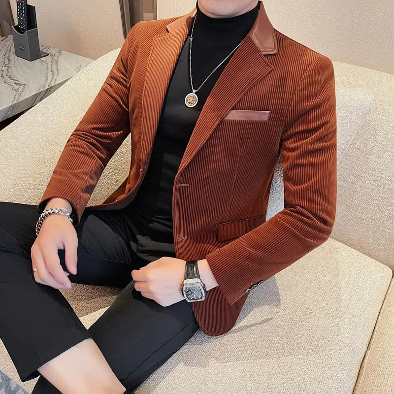 Autumn Winter Corduroy Suit Coat For Men Korean Elegant Slim Fit Business Formal Dress Coats Groom Wedding Tuxedo Suit Jacket