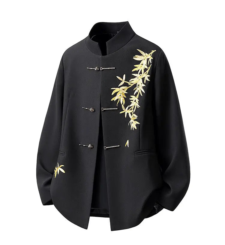 Blazer Hombre Men Luxury Clothing Oversized Chinese Style Golden Bamboo Embroidery Metal Buckle Elegant Suit for Man Jacket Coat