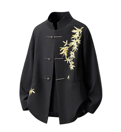 Blazer Hombre Men Luxury Clothing Oversized Chinese Style Golden Bamboo Embroidery Metal Buckle Elegant Suit for Man Jacket Coat