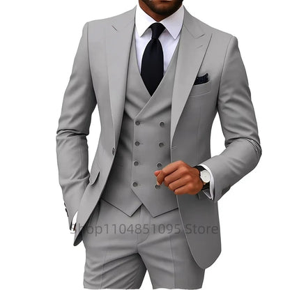 Solid Color Fashion Men Formal Business Suits Wedding Suit Slim Fit Groom Tuxedos 3 Pcs Set Dress Peak Lapel Blazer Vest Pants