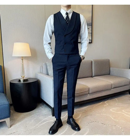 Korean Slim Fitt Wedding Suit Fashion Striped Double Breasted Suit 3 Piece Set Business Formal Casual Party Prom Host Suits