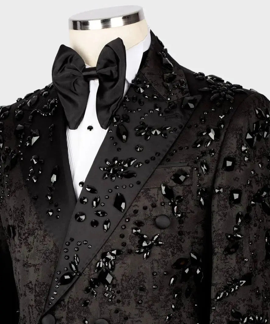 Modern Men's Suit Crystal Beads 2 Pieces Blazer Pants Double Breasted Business Formal Work Wear Wedding Groom Customized Homme