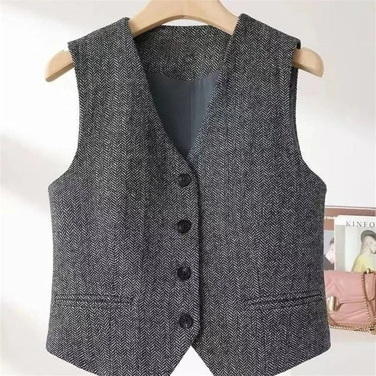 Autumn Lady Fashion Sleeveless Jacket Retro Women High End Casual Short Vest Outwear Spring Femme V Neck Cardigan Waistcoat Coat