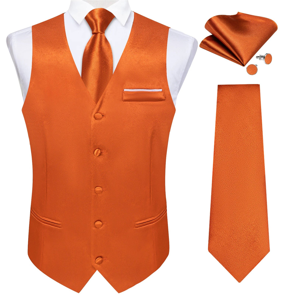 Men's Satin Suit Vest Set with Tie Handkerchief and Cufflinks for Wedding and Prom