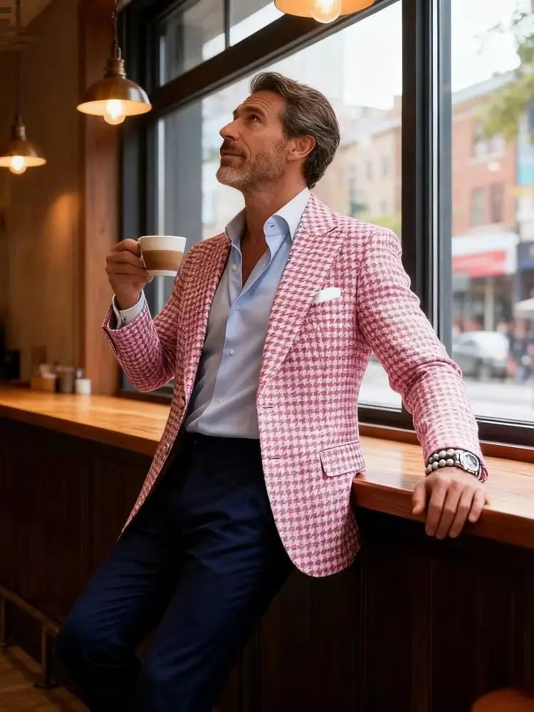 1 Piece Men's Pink Houndstooth Suit Jacket Formal Peak Lapel Blazer for Party Prom Business Groom Tuxedos Tops Only One Coat