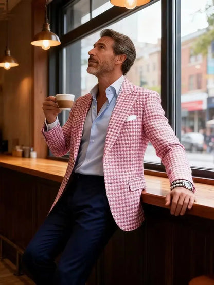 1 Piece Men's Pink Houndstooth Suit Jacket Formal Peak Lapel Blazer for Party Prom Business Groom Tuxedos Tops Only One Coat