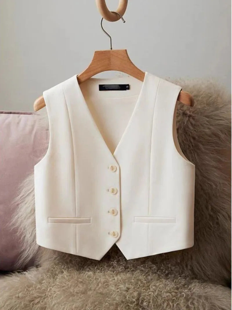 Women Fashion White Black Suit Vest New Short Style Sleeveless Jacket Office Lady V-Neck Casual Lined Blazers Vest Waistcoat