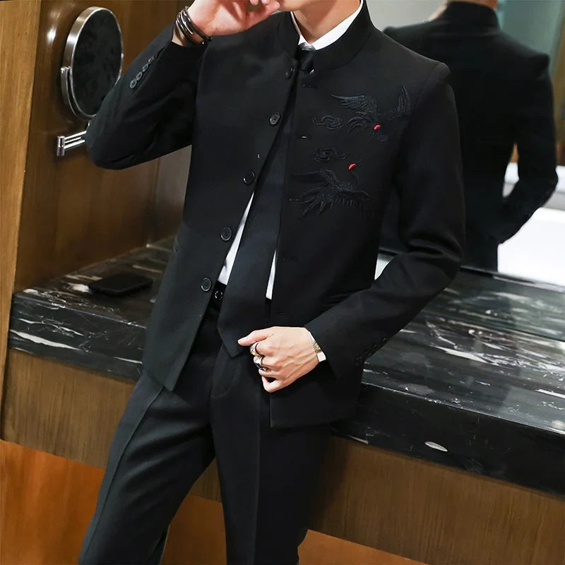 Suit (Blazer + Trousers) Men's Chinese-Style Stand-Up Collar Wedding & Business Suit