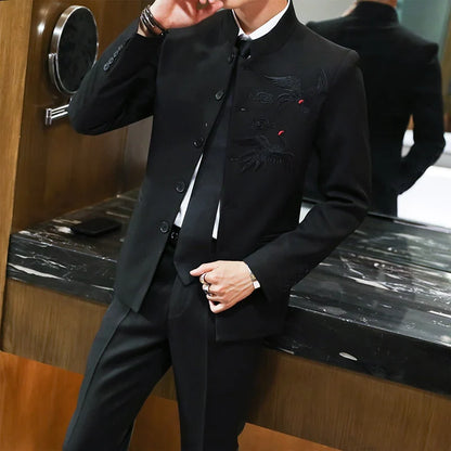 Suit (Blazer + Trousers) Men's Chinese-Style Stand-Up Collar Wedding & Business Suit