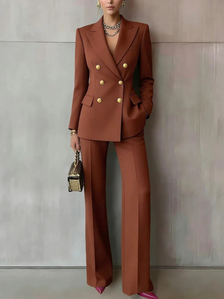 Pure Color Button up Long Sleeve Shirt And Pants Set Formal Streetwear Polyester Spandex Women's Casual Outfit Four Seasons