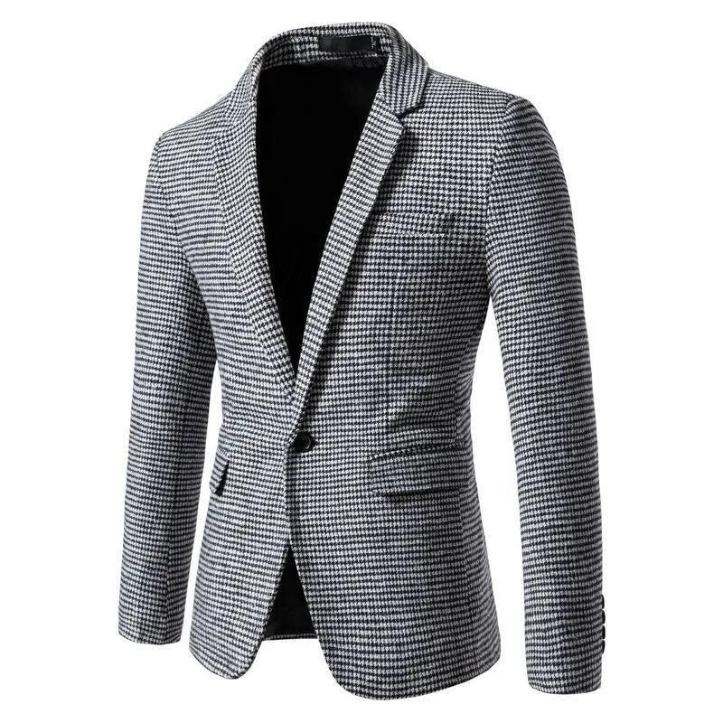 KIDWHXR 2026 Autumn Man Blazer Retro Plaid Single-breasted Male Outerwear Slim Long Sleeve Business Casual Men Suit Jacket