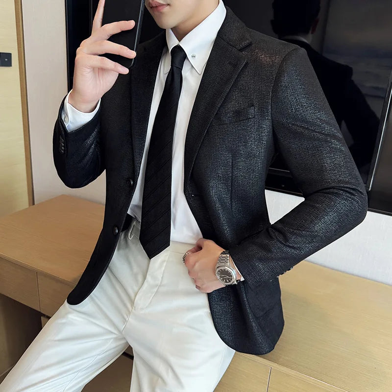 Vintage Suede Line Bronzing Striped Suit Coats 2025 Autumn New High Quality Men Slim Business Social Formal Suit Coats Tailcoat