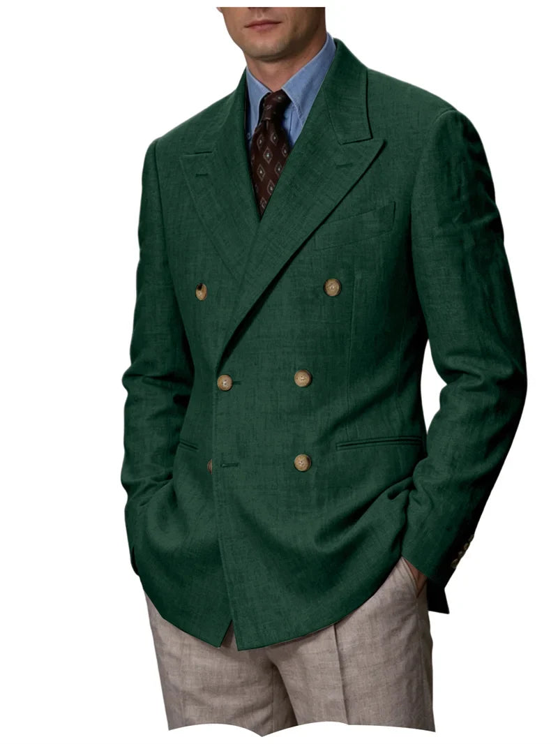 Men Linen Blazer Double Breasted Jacket Lightweight Soft Slim Coat For Business Wedding Casual Daily Party Vacation Dating