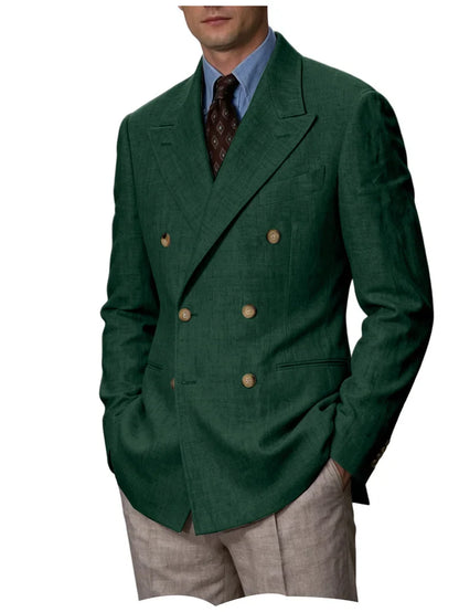 Men Linen Blazer Double Breasted Jacket Lightweight Soft Slim Coat For Business Wedding Casual Daily Party Vacation Dating