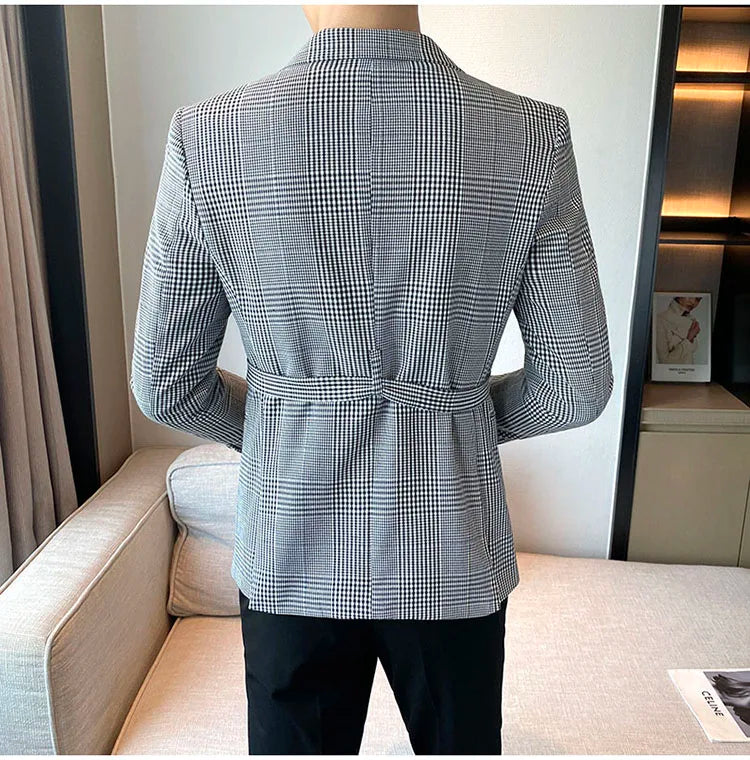 2025 Autumn Winter Classic Checkered Suit Jacket for Men Belt Decoration Slim Fit Casual Business Blazers Social Party Jacket