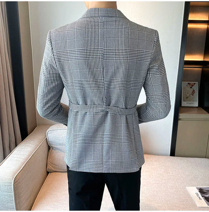 2025 Autumn Winter Classic Checkered Suit Jacket for Men Belt Decoration Slim Fit Casual Business Blazers Social Party Jacket
