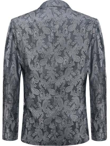 Slim Fit Dark Grey Paisley Jacquard Mens Blazer, Notch Lapel Single Button Formal Suit Jacket Evening Party Host Costume