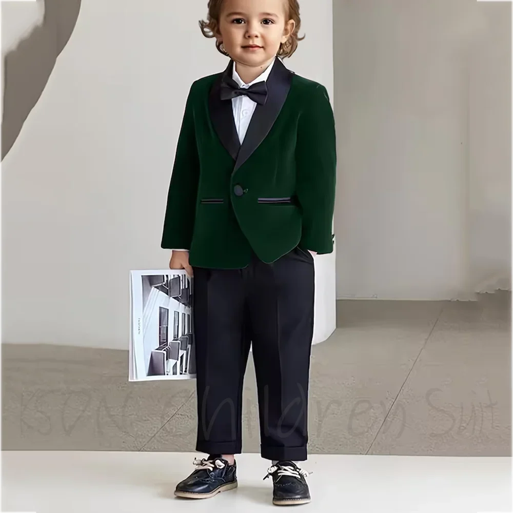 Baby Boys Burgundy Velvet Tuxedo Suit Formal Wedding Wear Chic Single Button Shawl Lapel Cute Children Outfit Two Pieces Set