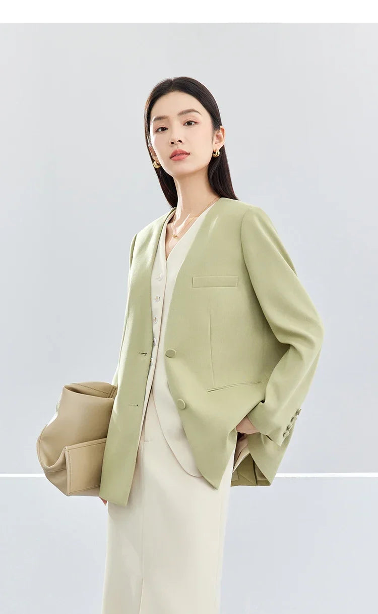 Women Blazer Khaki Green Suit Jacket 2026 Spring V Neck Office Lady Long Sleeve Outerwear Woman Clothes 141X52951