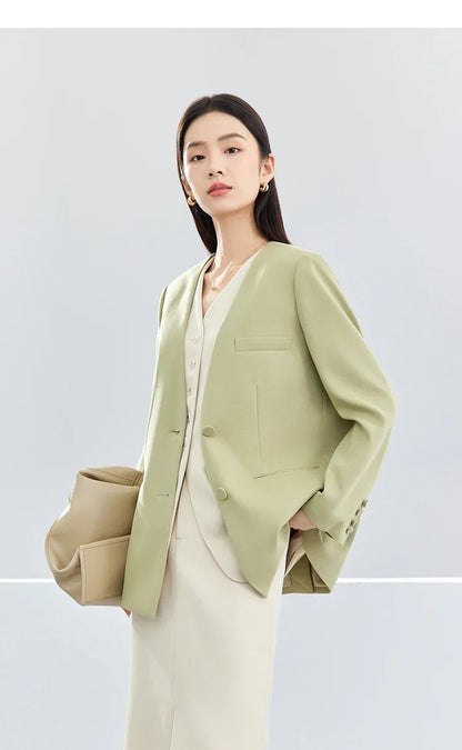 Women Blazer Khaki Green Suit Jacket 2026 Spring V Neck Office Lady Long Sleeve Outerwear Woman Clothes 141X52951