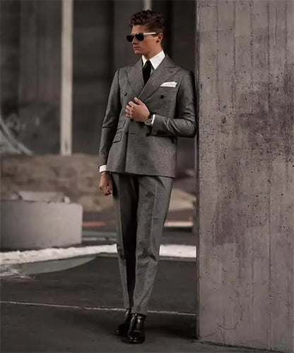 British Style Patterned Men's Suit 2 Piece (Jacket+Pants) Double Breasted Regular Fit Peak Lapel Business Wedding Banquet Suits