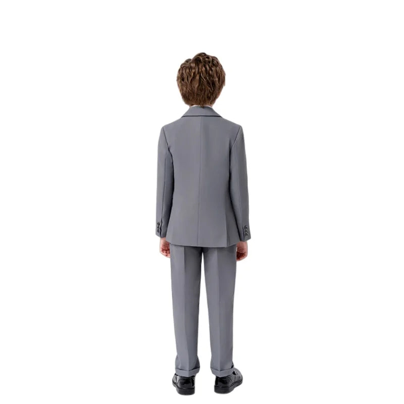 Kids Gray Jacket Vest Pants Bowtie Brooch 5Pieces Performance Costume Boys Formal Wedding Birthday Baptism Blazer Suit