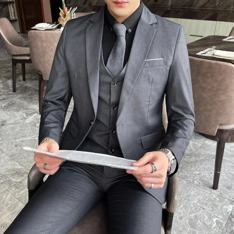 Men's 3-Piece Formal Suit | Smart Casual Blazer, Vest & Pants | Korean Business Style