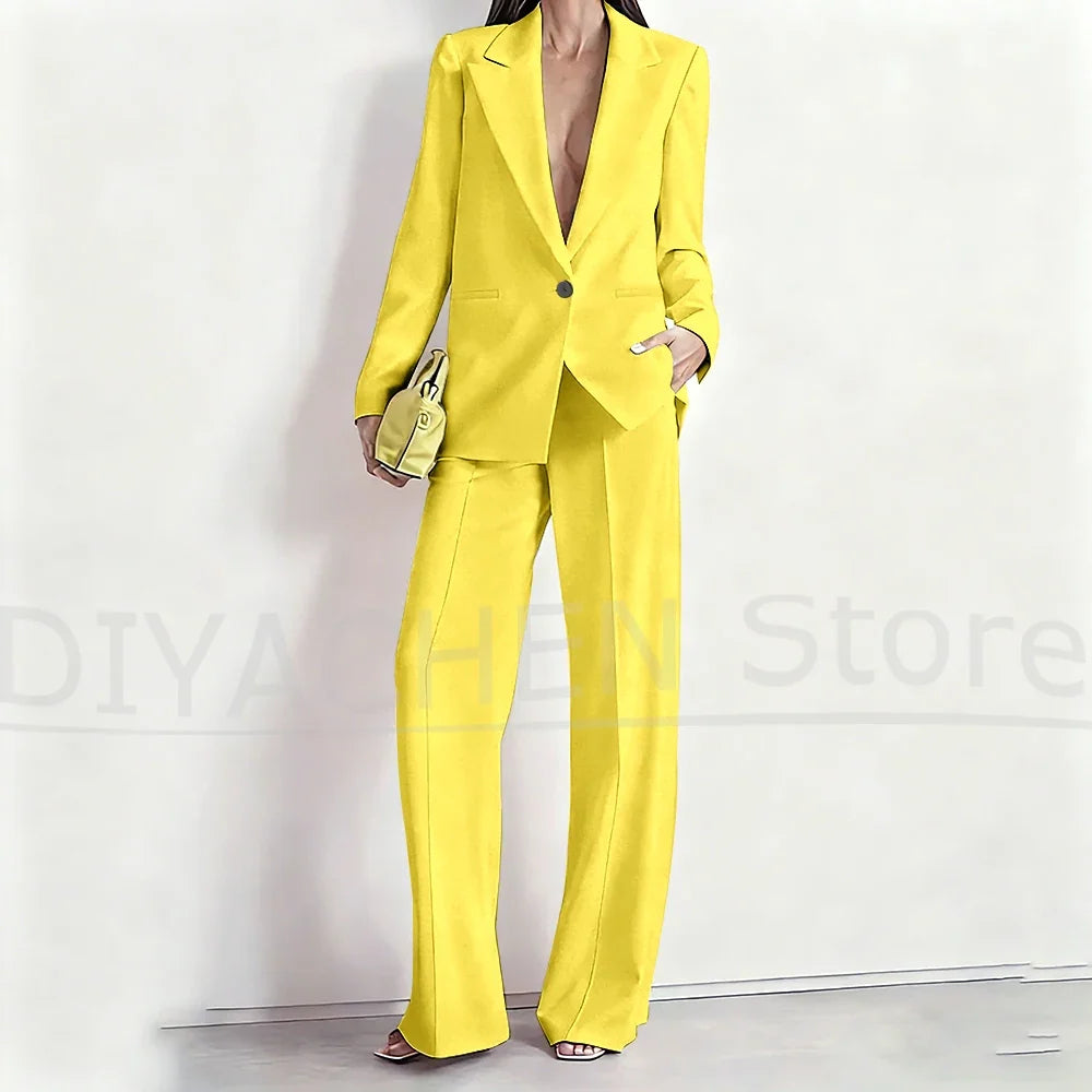 Women's Suit Set Peak Lapel One Button Blazer and Wide-Leg Pants Fashion Formal Casual Party Office Stylish Pants Sets Two Piece