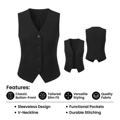 Women's Business Casual Suit Vest V-Neck Sleeveless Button Down Waistcoat Slim Fit Office Vest Top Spring and Summer