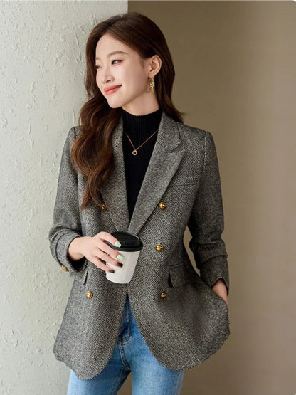 Fashion Grey Blazer Women Coffee Long Sleeve Casual Jacket for Autumn Winter Female Coats Double-Breasted Suit Women’s Clothing