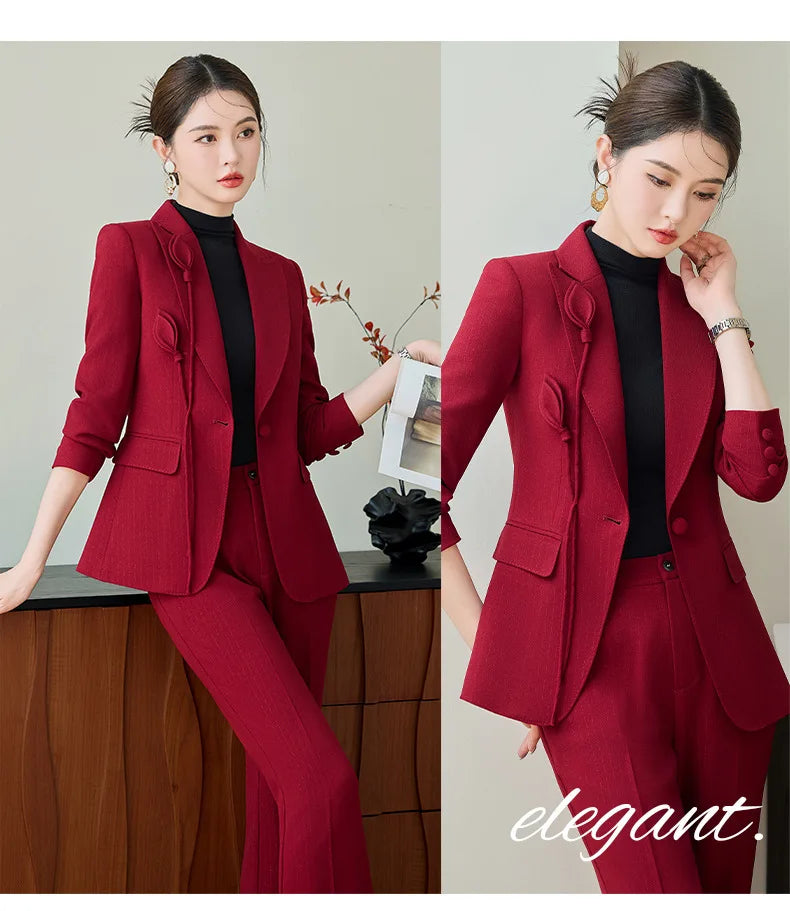 High End Khaki Elegant Fashion Two Piece Set Fashion Women Slim Single Button Blazer And Flare Pant Office Lady Work Wear