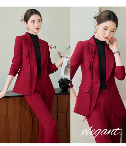 High End Khaki Elegant Fashion Two Piece Set Fashion Women Slim Single Button Blazer And Flare Pant Office Lady Work Wear