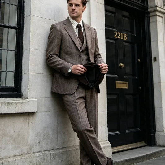 Men's Tweed Herringbone 3-Piece Suit – Slim Fit Wedding & Formal Wear