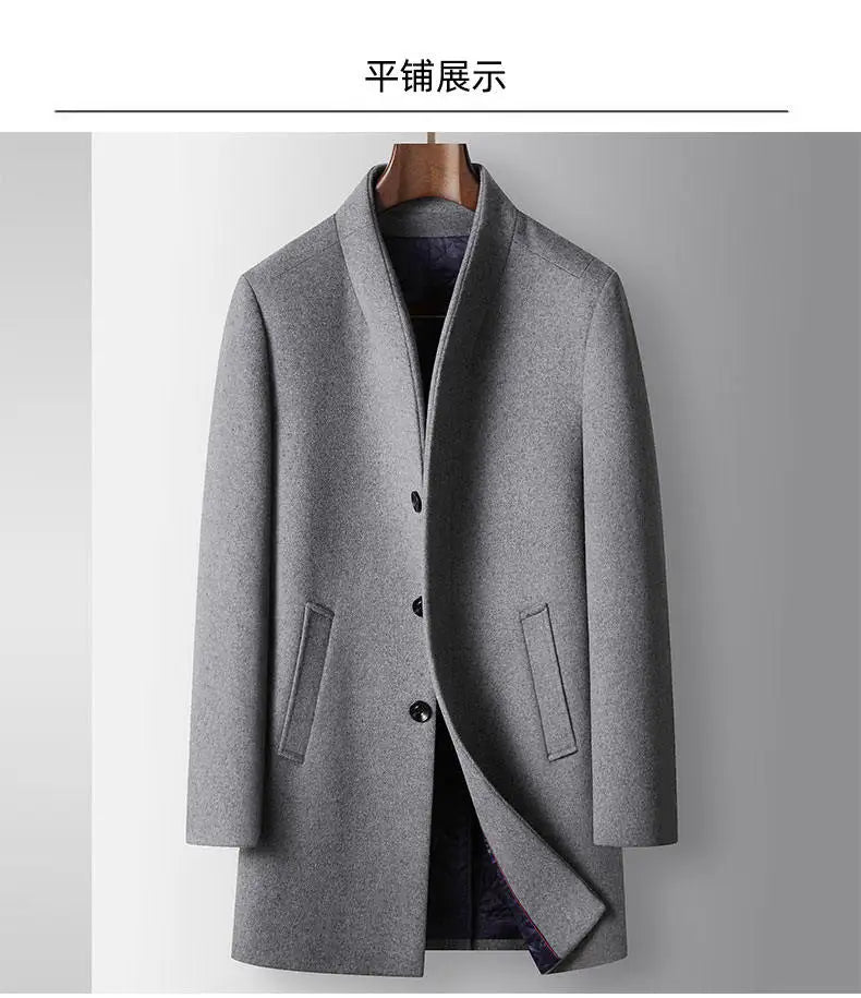 High-quality, Fashionable, Stylish, Versatile, for Banquets, Shopping, Trendy Business, Casual, Solid-color Men's Woolen Overcoa