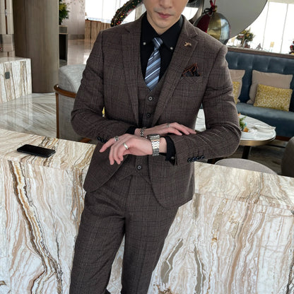 Ensemble costume trois pièces à carreaux modifié de haute qualité de style coréen britannique pour hommes - Gilet et pantalon de costume décontracté élégant
